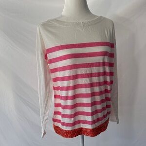 LOFT Pink and White Striped Long Sleeve Top